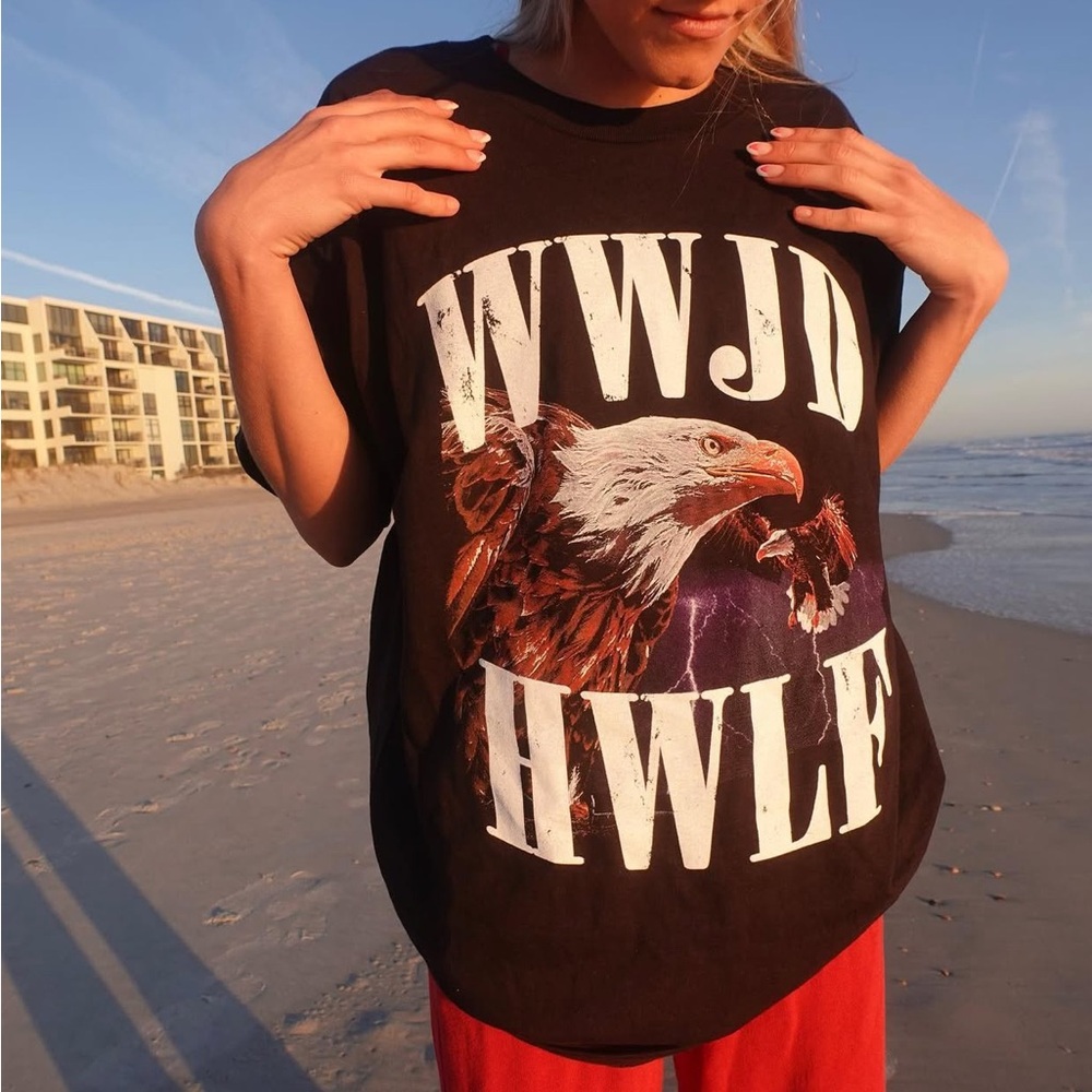 Women’s Unisex XL WWJD HWLF Eagle Heavyweight Black Purple Oversized Graphic Tee